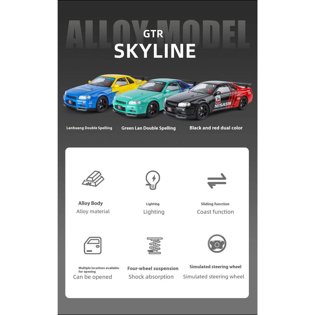 1/18 Nissan R34 GTR Oversized Collectible Ornaments  Alloy Die-cast GTR Car Model Tires Detachable DIY Racing Model Boy Gift