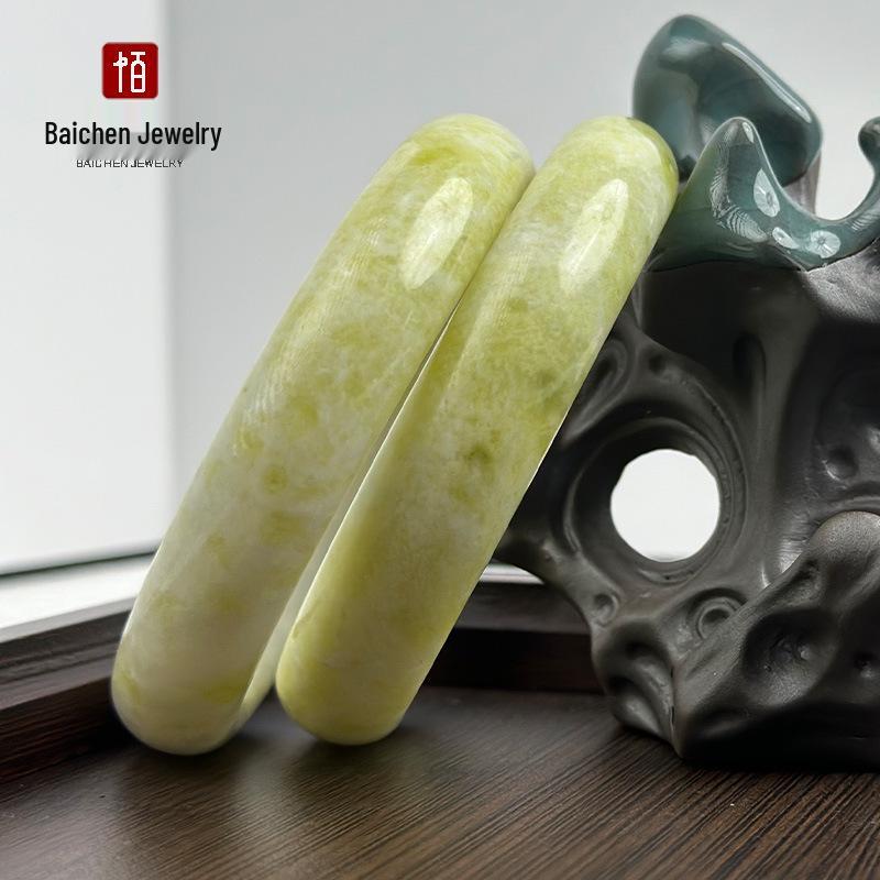 Lantian Jade Flat Bar Bangle for Women – Cauliflower Jade Floating Flower Design, Ideal for Live Streams and Sales Meetings