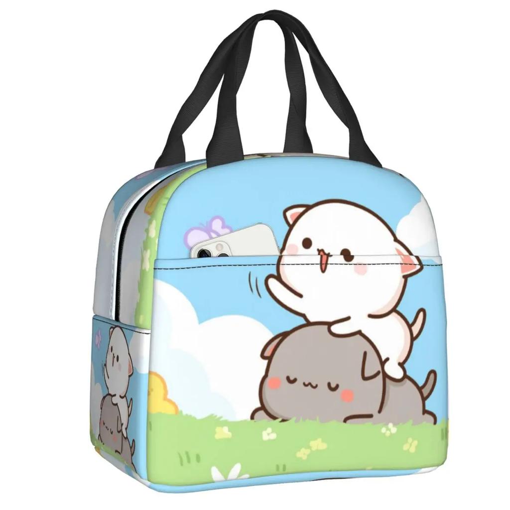Peach and Goma Insulated Lunch Bags for Work School Picnic Cartoon Mochi Cat Leakproof Cooler Thermal Lunch Box for Women Kids