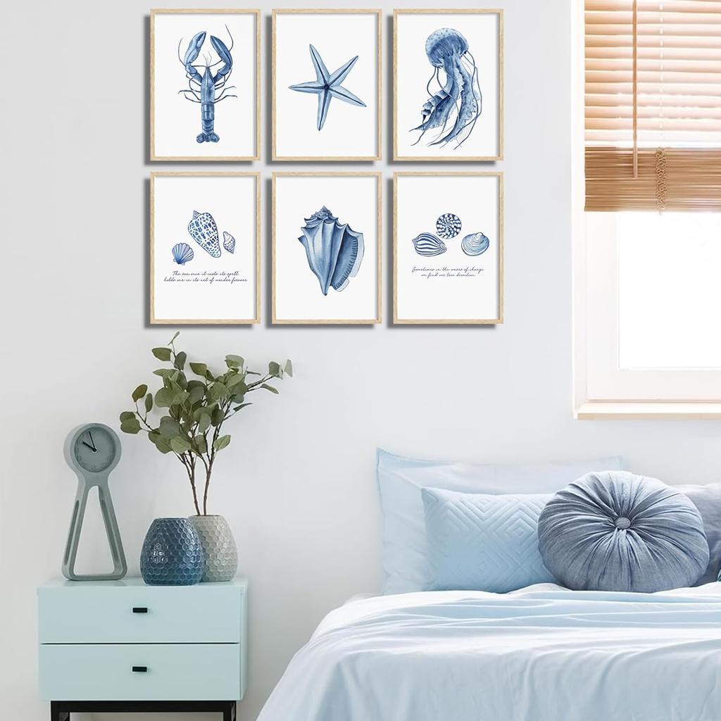 6 Pcs Blue Coastal Wall Art Watercolor Starfish Conch Jellyfish lobster Painting Cute Sea Life Poster Print for Modern Waterfront Themed Home