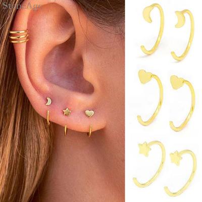 Star Moon Heart Charming C Shaped Piercing Y2k Ear Cartilage Earrings For Women Men  Gold Plated Helix Daith Hoop Earing Zircon