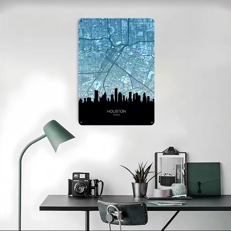 Houston Texas Skyline Map Metal Poster Customized Wall Art Retro Vintage Tinplate Signs for Man Cave Bedroom Decorations House