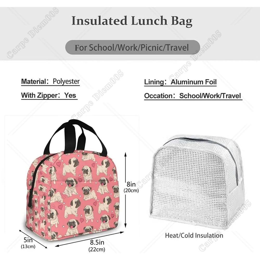 Cute Puppy Pug Dog Lunch Bag Box for Girls Women School Insulated Lunch Bag Reusable Portable Waterproof Cooler Travel Picnic
