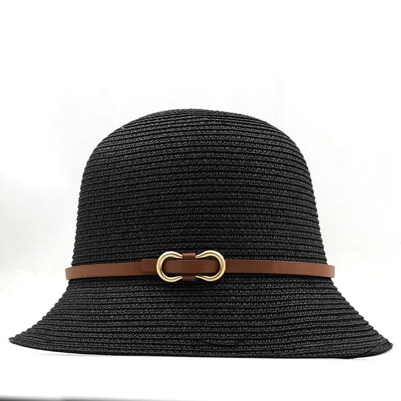Summer Straw Breathable Flat Top Bucket Hat Ladies Celebrity Belt Buckle Fashion Sunshade Shade Hat