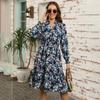Autumn Winter Women Long Sleeve Print Elegant V-neck Casual A-Line Knee-Length High Waist Dress