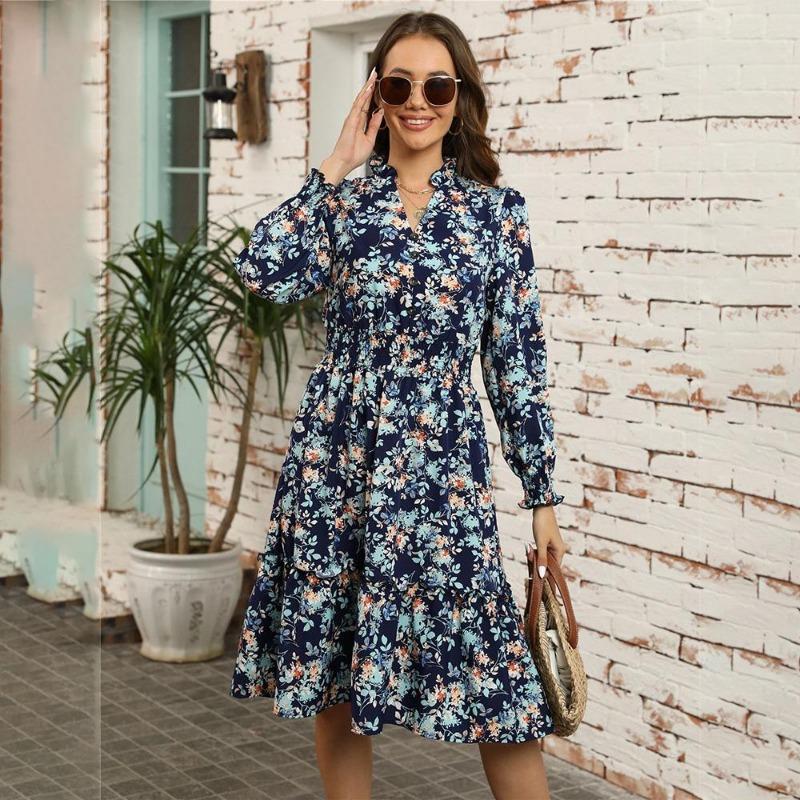 Autumn Winter Women Long Sleeve Print Elegant V-neck Casual A-Line Knee-Length High Waist Dress