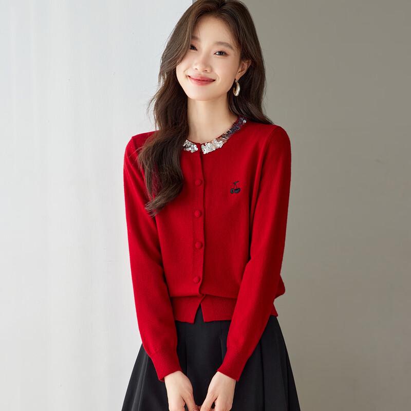 Srcr Women's 100% Merino Wool Sequin Embroidered Short Cardigan