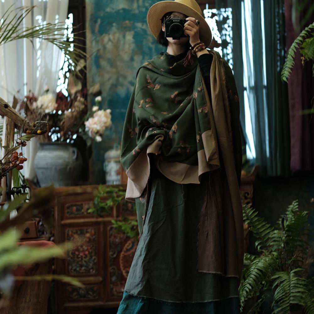 Vintage Patchwork Coffee Green Cotton Linen Skirt with Raw Edge and Large Hem