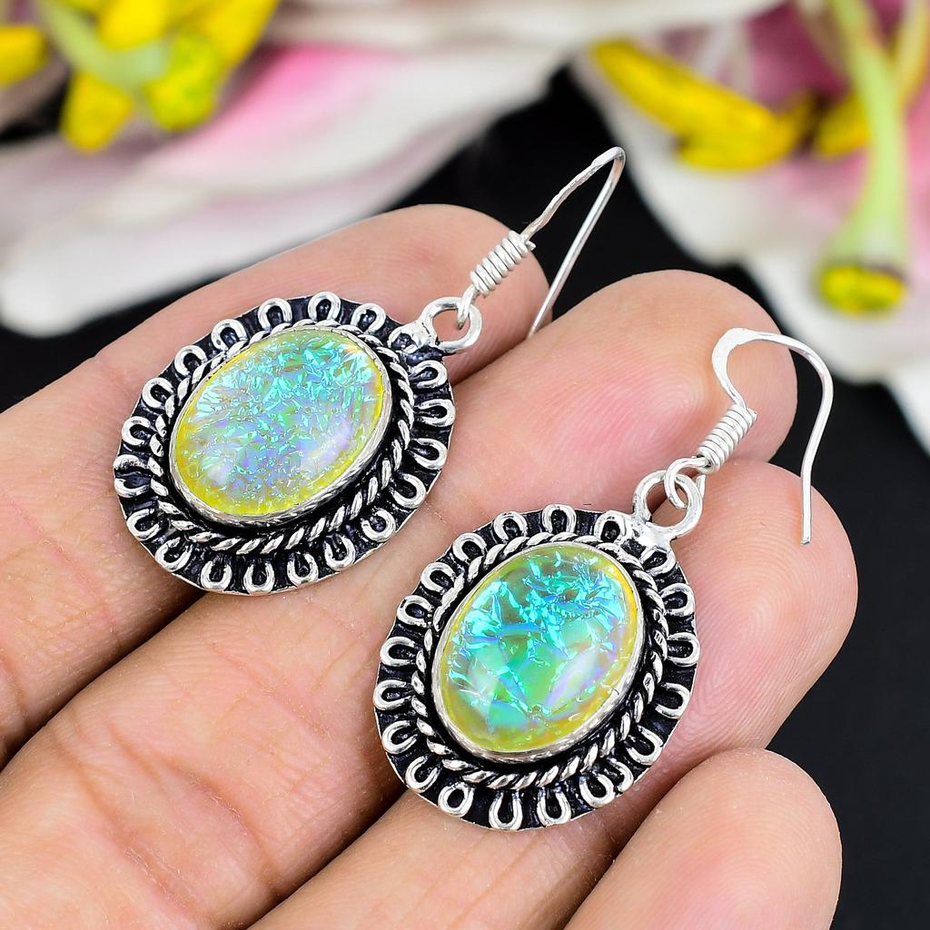 Yellow Triplet Opal Gemstone 925 Sterling Silver Jewelry Earring 1.73" KG-1746