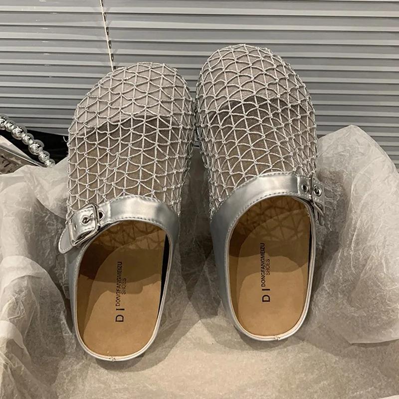 

Модные женские балетки, тапочки, сетчатая модная обувь, удобные туфли-слингбэки, женские сандалии для ходьбы, лето 2025, дизайнерский бренд, женские тапочки 35 серебряный