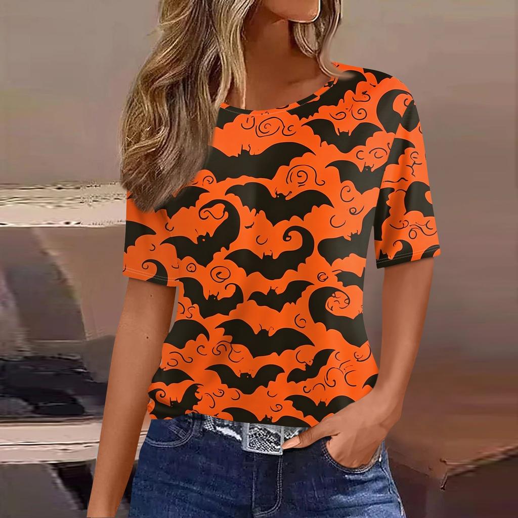 Women's Casual Short Sleeve Halloween Pullover Top with Bat and Pumpkin Print Round Neck Relaxed Fit Shirt for Fall Season