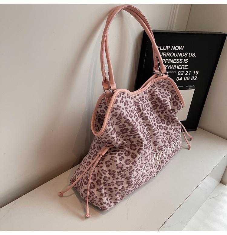 Borsa Tote in Camoscio a Pois Design con Lettere Stampa Leopardo Coreana, Borsa a Spalla Grande Capacità con Coulisse da Donna Fashi Borsa a Mano Casual