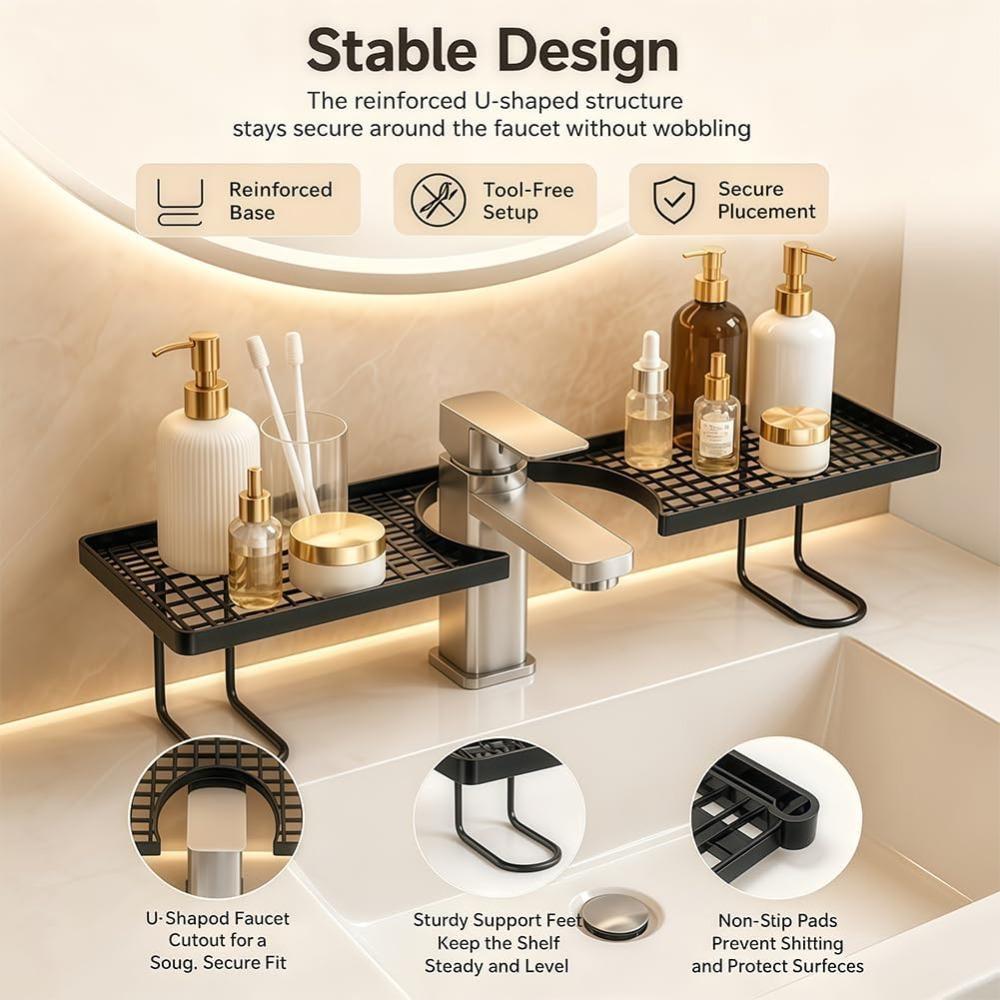 Behind the Faucet Sink Organizer, Thickened Behind the Faucet Shelf Bathroom, No-Drill Free Standing Faucet Storage Shelf