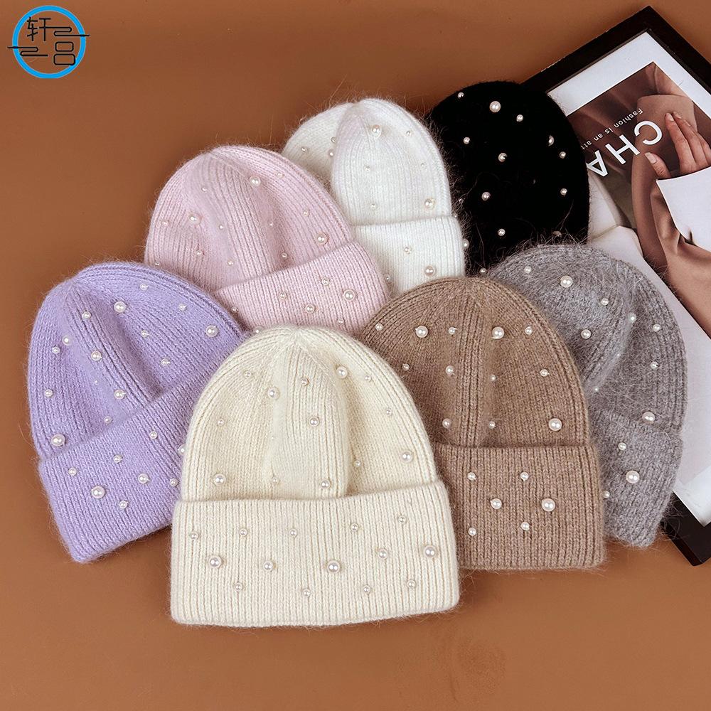 New fashionable solid color simple warm and comfortable knitted hat nail pearl decoration rabbit hair blend elegant wool hat