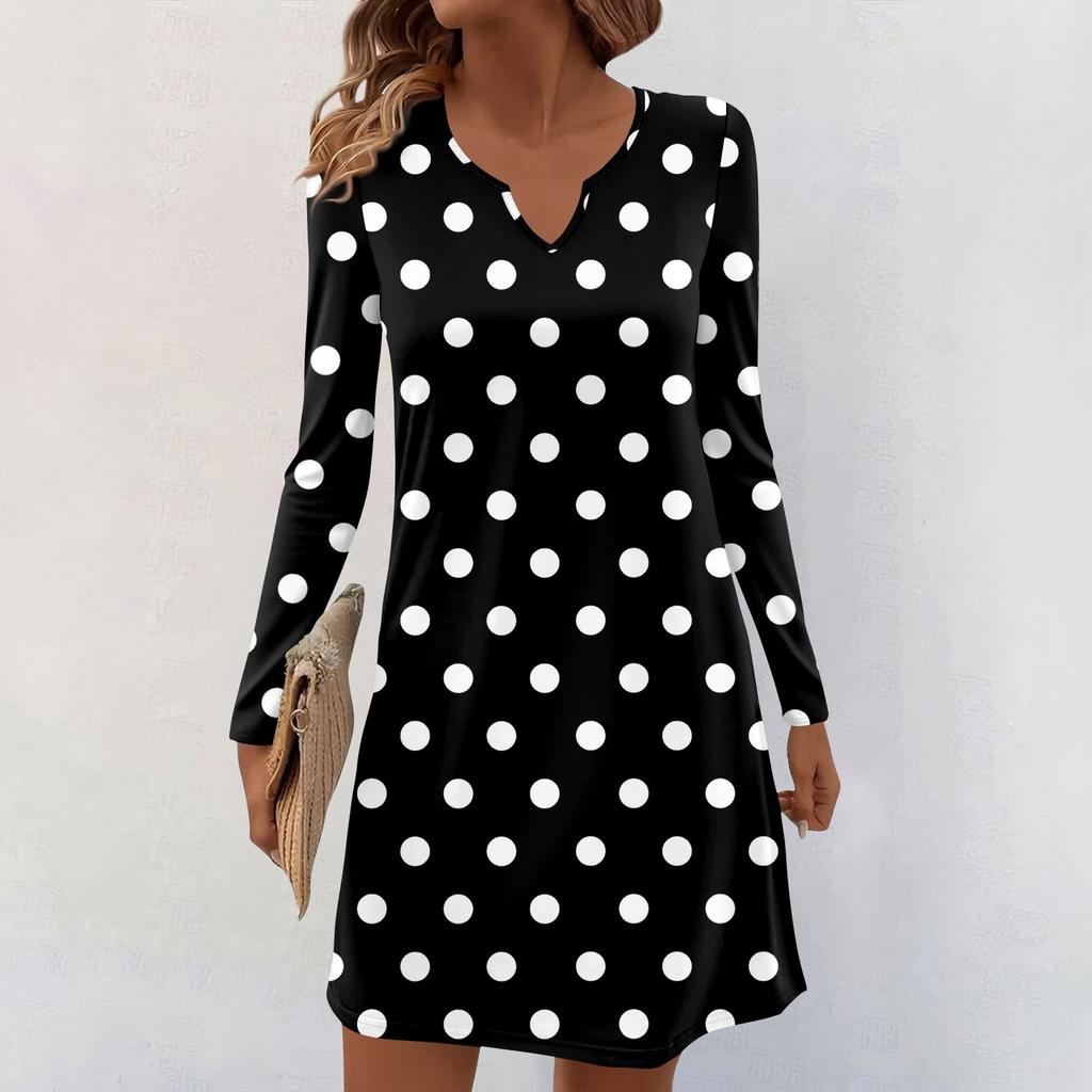 Women's Long-sleeved Casual Midi Dresses V-Neck Print  Casual Dress