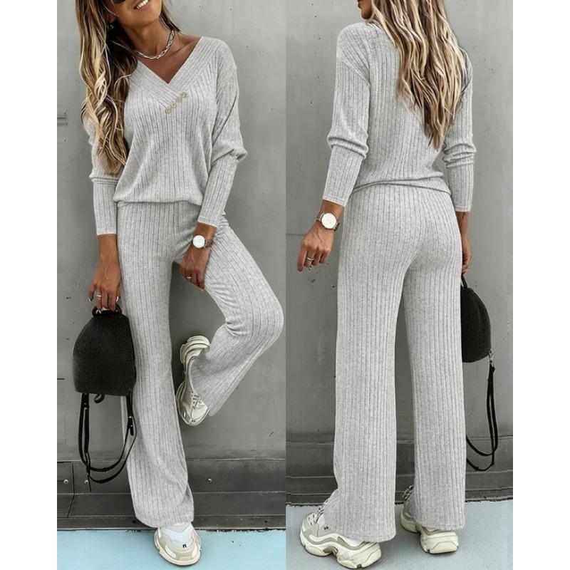 Women Casual Loose Long Sleeve V Neck Knit Two Piece Top Wide Leg Pants Set Autumn Winter