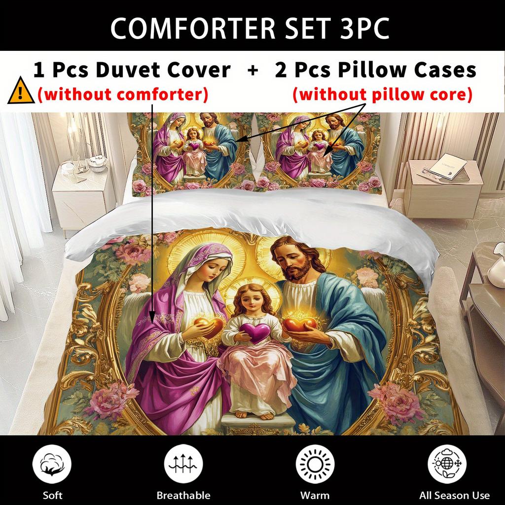Latacaca 3pcs Holy Family Duvet Cover Set Pink Roses and Golden Frame High Definition Bedding Set Home Bedroom Use