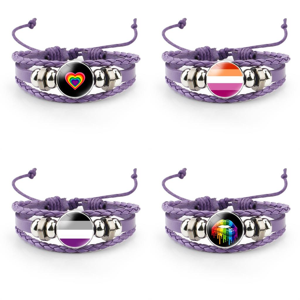 Unique Purple Leather Bracelet With Rainbow Flag Time Gemstone For Men And Women