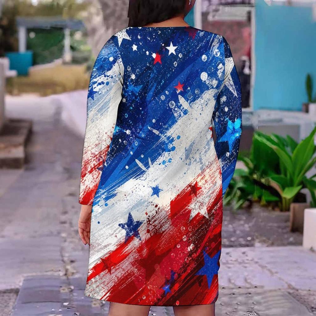 Women Plus Size V Neck Long Sleeve White Red Blue Printed Fitted Dress