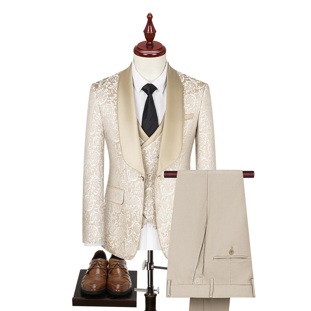 Spring Men's (suit + Vest + Trousers) British Style Business Casual Three-piece High-density Jacquard Wedding Dress