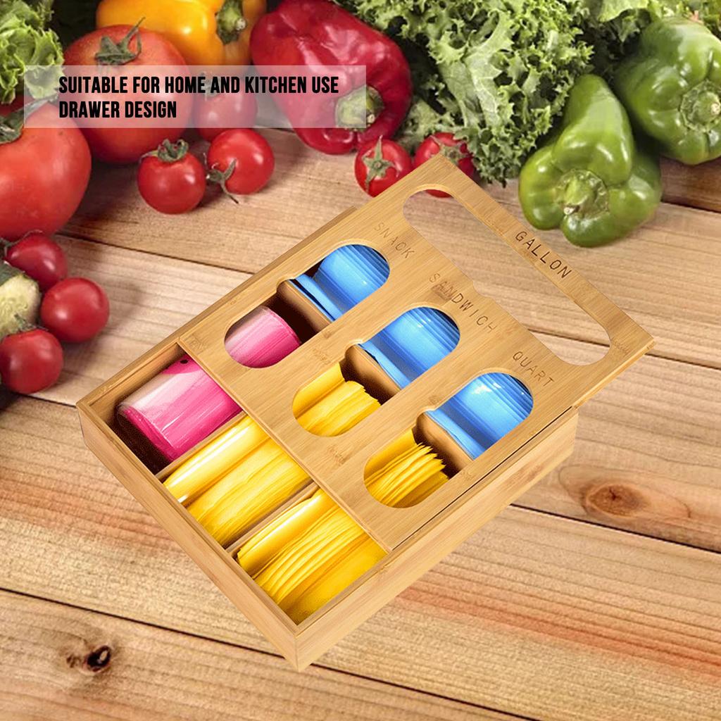Food Storage Bag Container Bamboo Polished  Drawer Design Food Bag Storage Box for Kitchen Home
