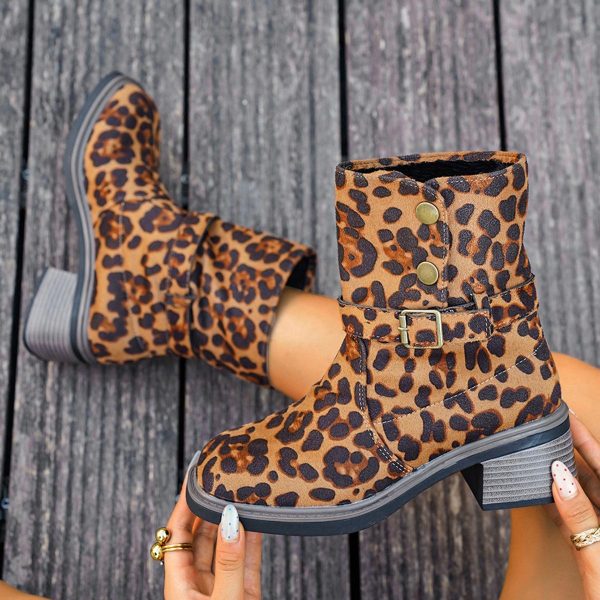

Retro belt buckle British Martin boots women s 2025 autumn and winter new round head thick heel short women s boots tide 42 цветной печати леопарда