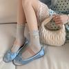 Sweet Bow Mid-calf Socks for Women, Summer Thin Mesh Hollowed-out Pile Socks, Solid Color Lace Long Socks
