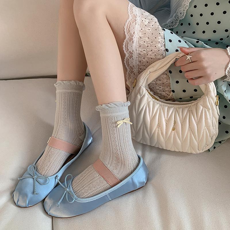 Sweet Bow Mid-calf Socks for Women, Summer Thin Mesh Hollowed-out Pile Socks, Solid Color Lace Long Socks