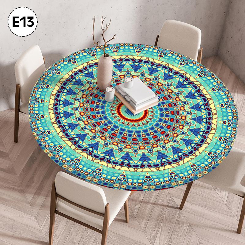 Mandala-bedeckter runder Tischbezug, nicht waschbar, wasserdicht, ölabweisend, staubdicht, elastische böhmische Tischdecke für Heimdekoration