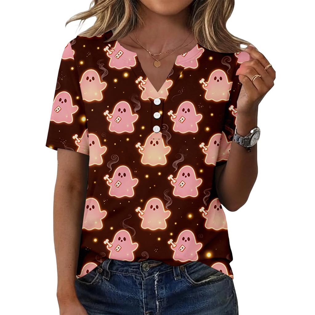 Women's Casual Halloween Print V Neck Short Sleeve Button Front T Shirt Top for Everyday Wear and Seasonal Events