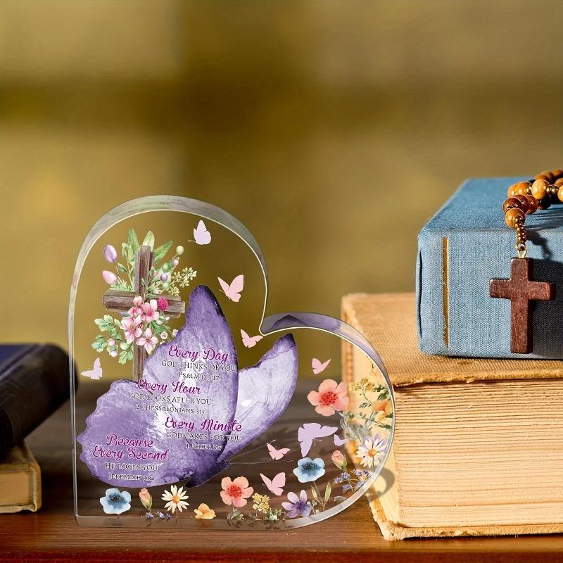 2D Flat Inspirational Religious Gifts Butterfly Acrylic Heart Shaped Desktop Decoration Plaque, Home Decor Plaque Hanging Wall Art Decorative Garden D