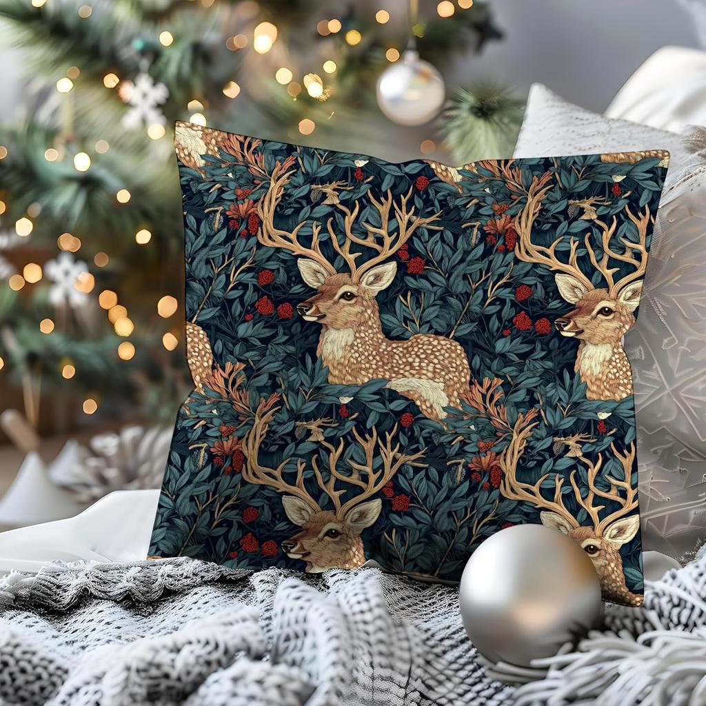 Vintage Floral Deer Pillow Covers, Cottagecore Room Home Decor, Art Nouveau Botanical Forest Deer Decorative Pillow Covers for Home Bedroom Living