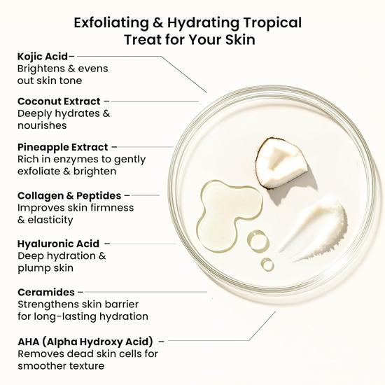 WildOak Pina Colada Sugar Body Scrub | 300g | Kojic Acid, Hyaluronic Acid, Ceramides, Collagen & Peptides | De-Tan & Brightens Dark Areas