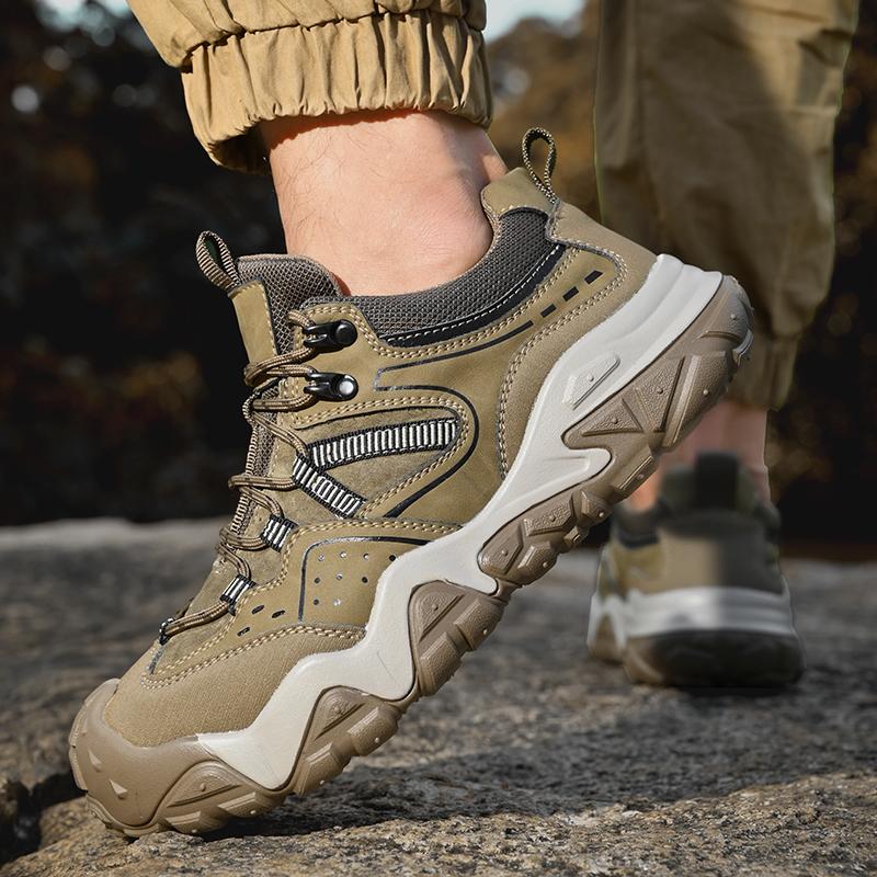 Fashion Classic Mens Casual Leather Thick Bottom Shoes Soft Leather Lace-up Lightweight Mountaineering Shoes Outdoor Antiskid Sneakers