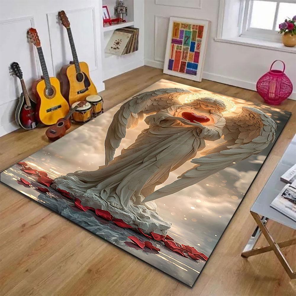 Angel Holding Heart with Radiant Halo Patterned carpet, suitable as a non slip play mat for the living room and bedroom sofa