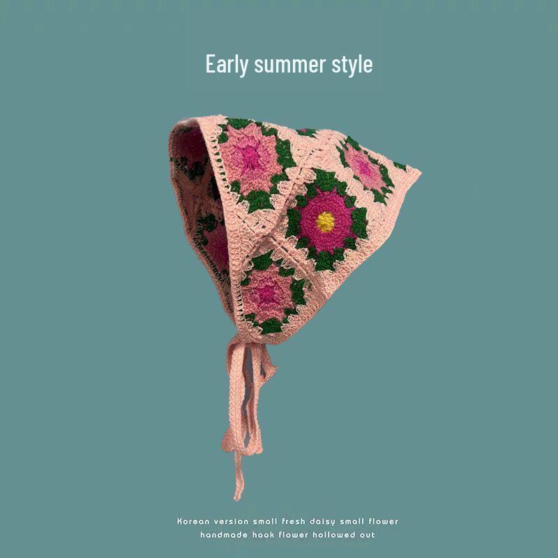 Korean Style Knitted Crochet Triangle Scarf: Women's Sweet Flower Headscarf Hat