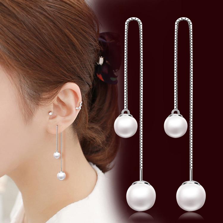 Korean Style Double Pearl Tassel Earrings - Face Slimming Accessory SKU:1910291723141385