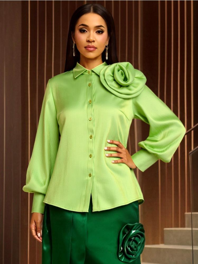 

Элеган Женщины Блестящие Рубашки Отложной Воротник Длинный Пышный Рукав Без Рукавов 3D Цветы Пуговицы Мода Вечеринка Топы Женские Событие День Рождения Новый XXL зелёный