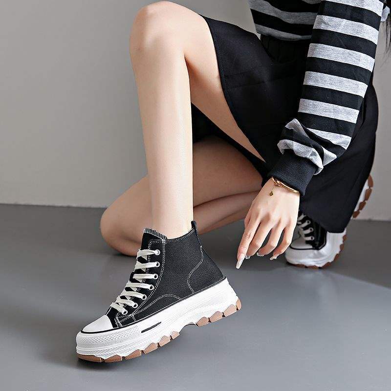 Thick-soled high-top canvas shoes women's Korean version of versatile spring and autumn new breathable non-slip mid-heel ins sports and leisure b
