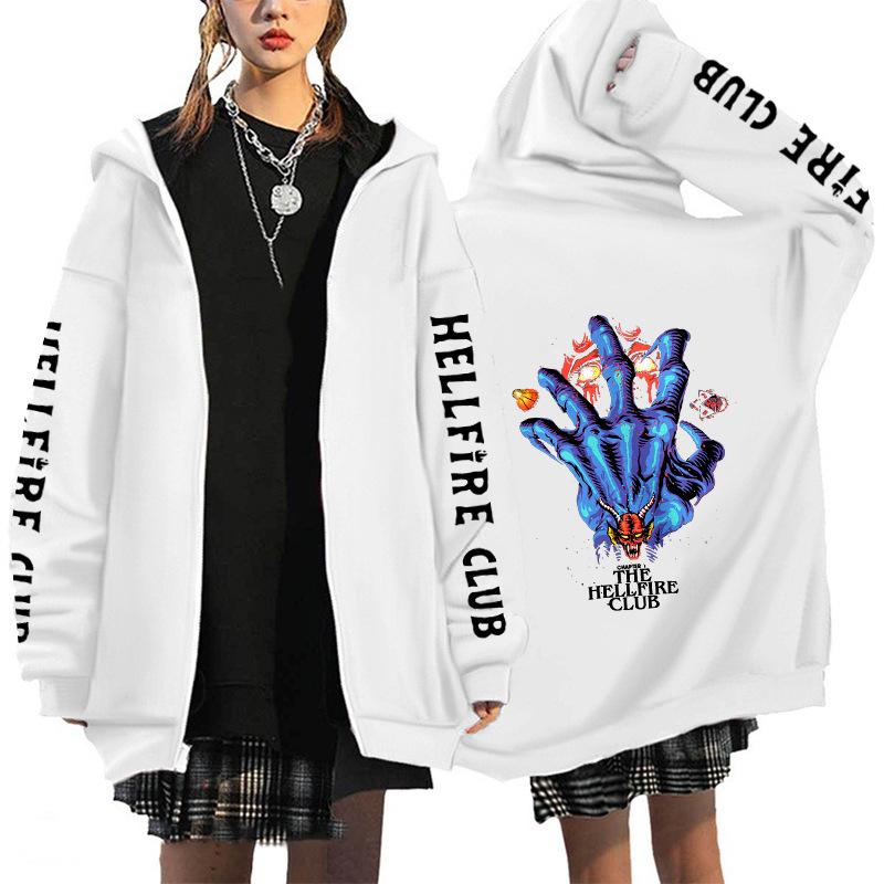 Клуб Адского Огня Мультяшный Принт Женские Мужские Куртки Худи Повседневные Толстовки на Молнии Мужской Спортивный Костюм Модная Куртка Мужская Одежда Верхняя Одежда XXS белый