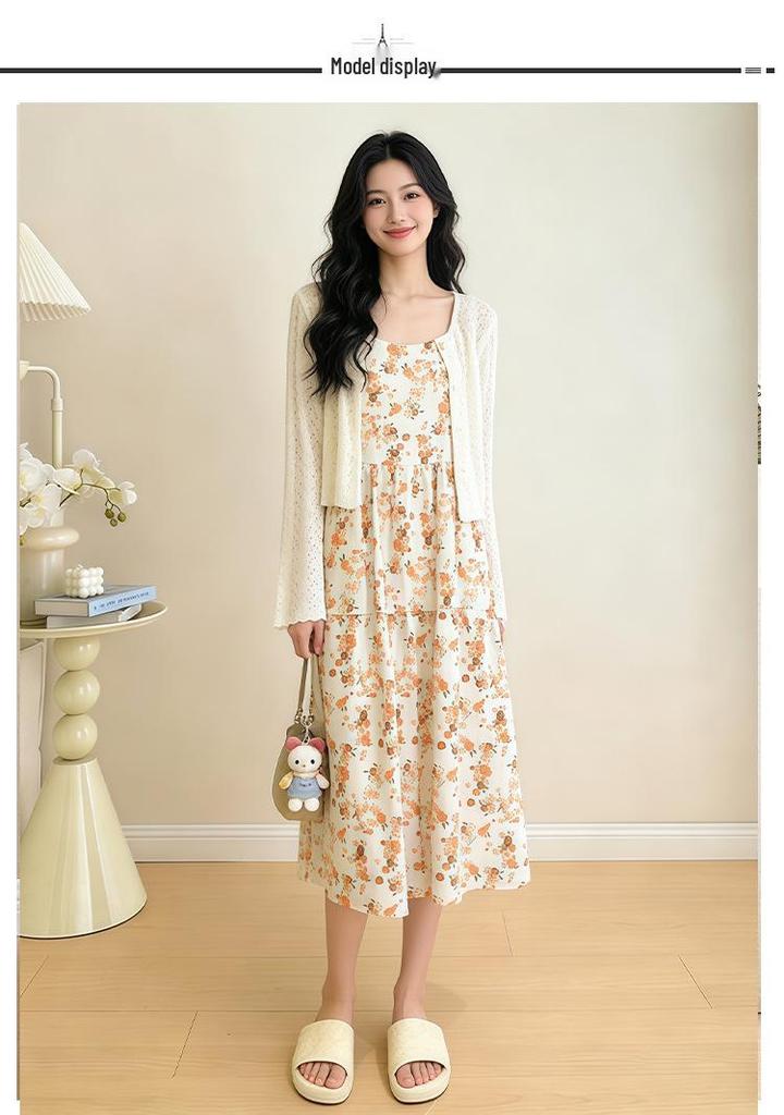 2026 Summer Maternity Ice Silk Knit Cardigan & Camisole Dress Set