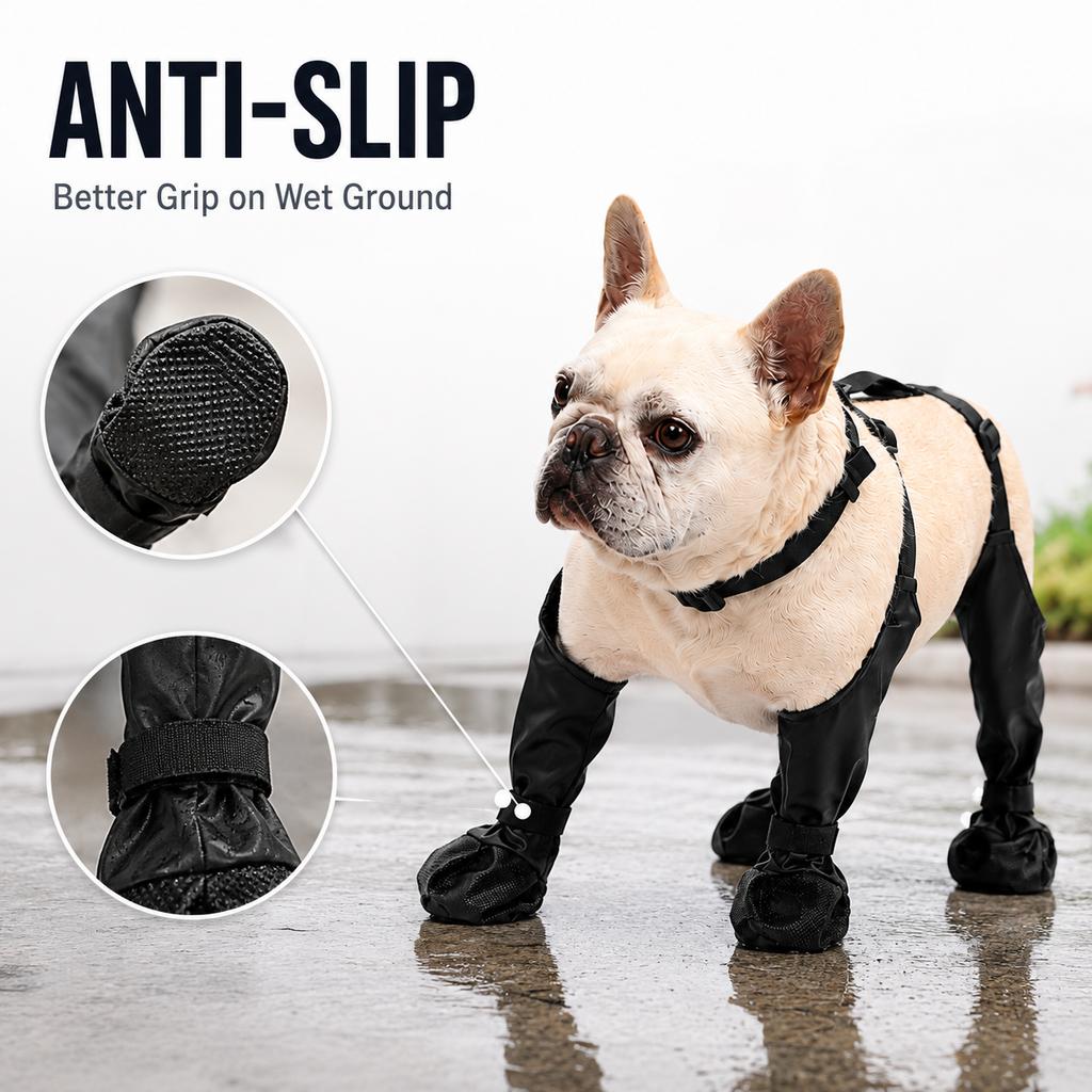 Waterproof Four-Leg Connected Dog Boots, Adjustable Anti-Slip Paw Protectors for Small and Medium Dogs, Rain Snow and Mud