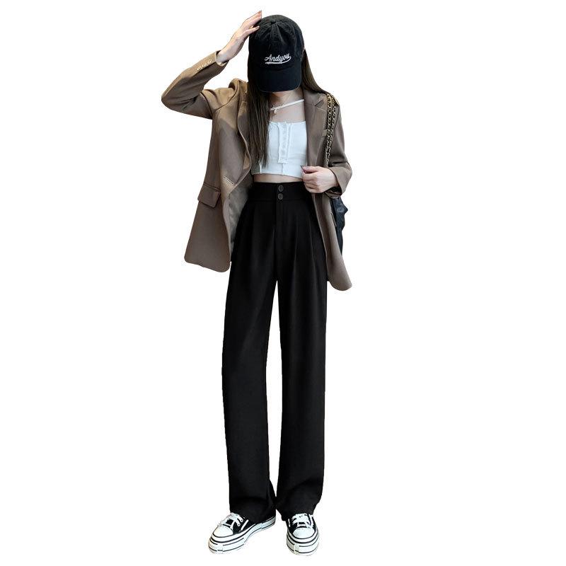 Women's High-End Black Drapey Straight-Leg Wide Suit Pants - Slimming, Casual Fit for Spring/Summer, Ideal for Pear-Shaped Bodies.