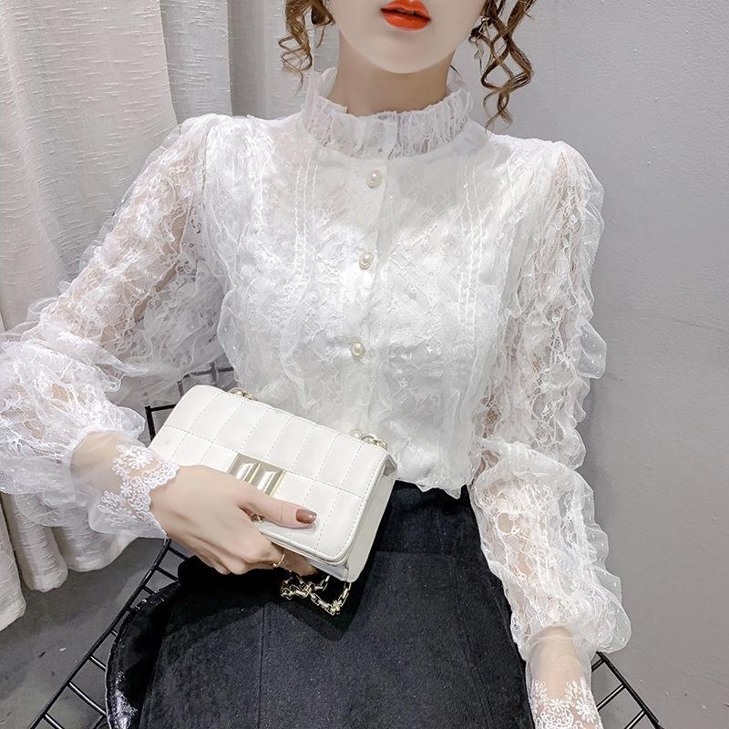 Lace Undershirt for Women's Blouses & Shirts Spring Autumn Fashion Lace Cardigan French Standing Collar Long Sleeved Top Shirt