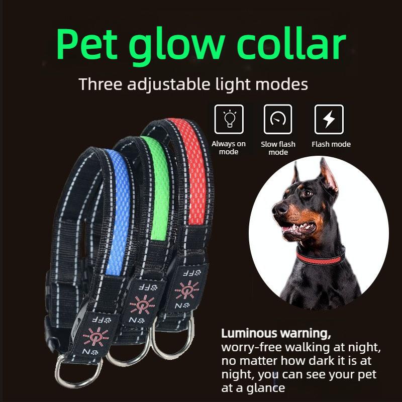 LED Light Dog Collar Rechargeable USB Three Modes LED Collars for Small Medium Dog Safety At Night Breathable Nylon Pet Choker