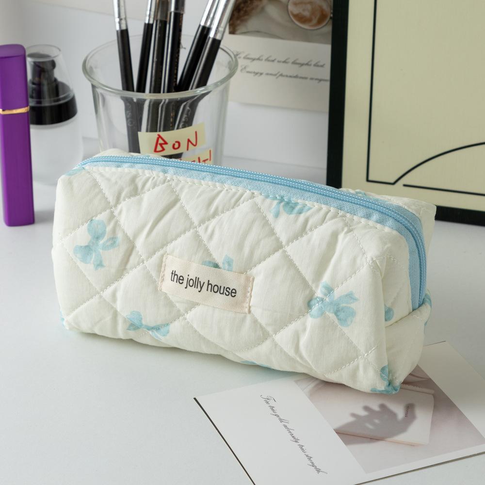 Bowknot Student Pencil Case Large Capacity Portable Soft Cosmetic Storage Bag for School Supplies Makeup Accessories