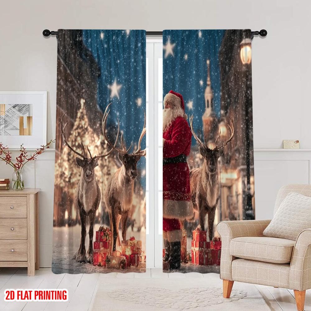 2pcs,2D Plane Printing Print Curtains Santa Claus and Reindeer Scene Durable 100% Polyester Fabric (without Rod) All Seasons for