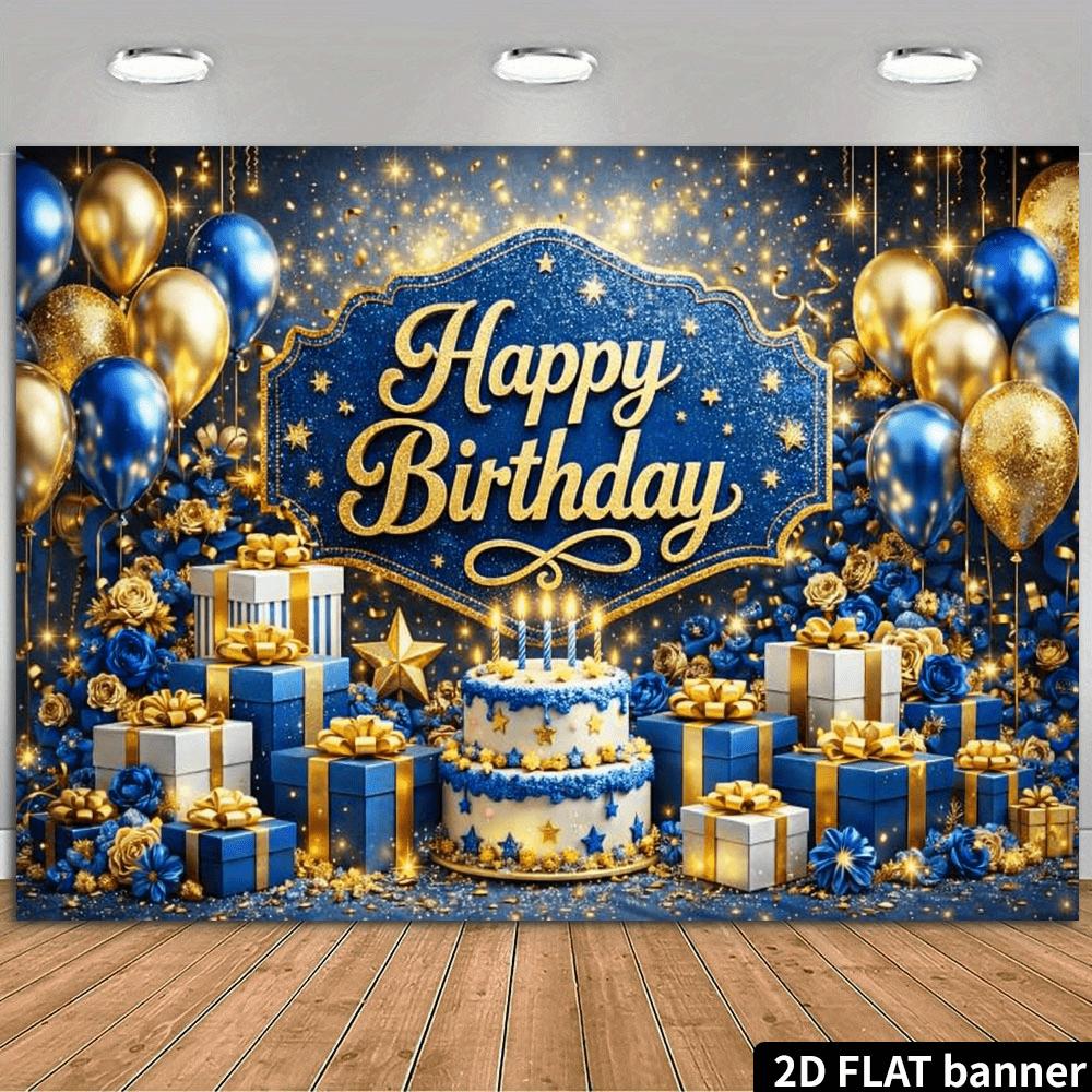 2D planar dark blue gold luxurious birthday party backdrop with the center featuring the golden "Happy Birthday" text.PMJ