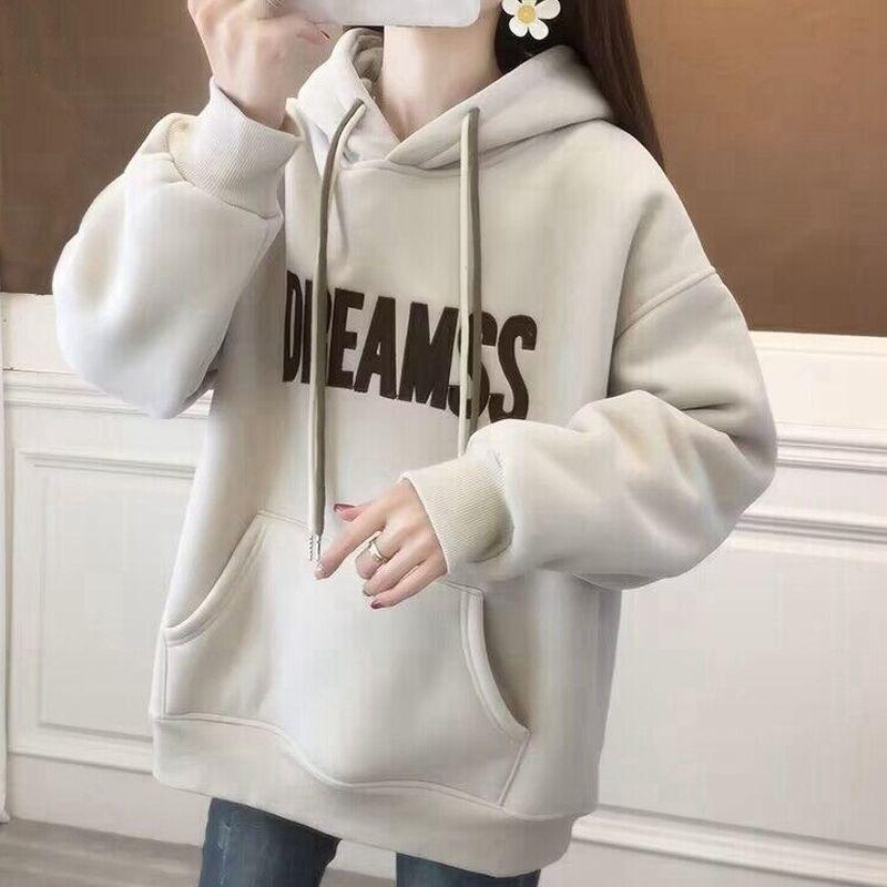 Cotton hooded sweater women, embroidered autumn and winter wear loose and versatile medium and long velvet thickened sweater