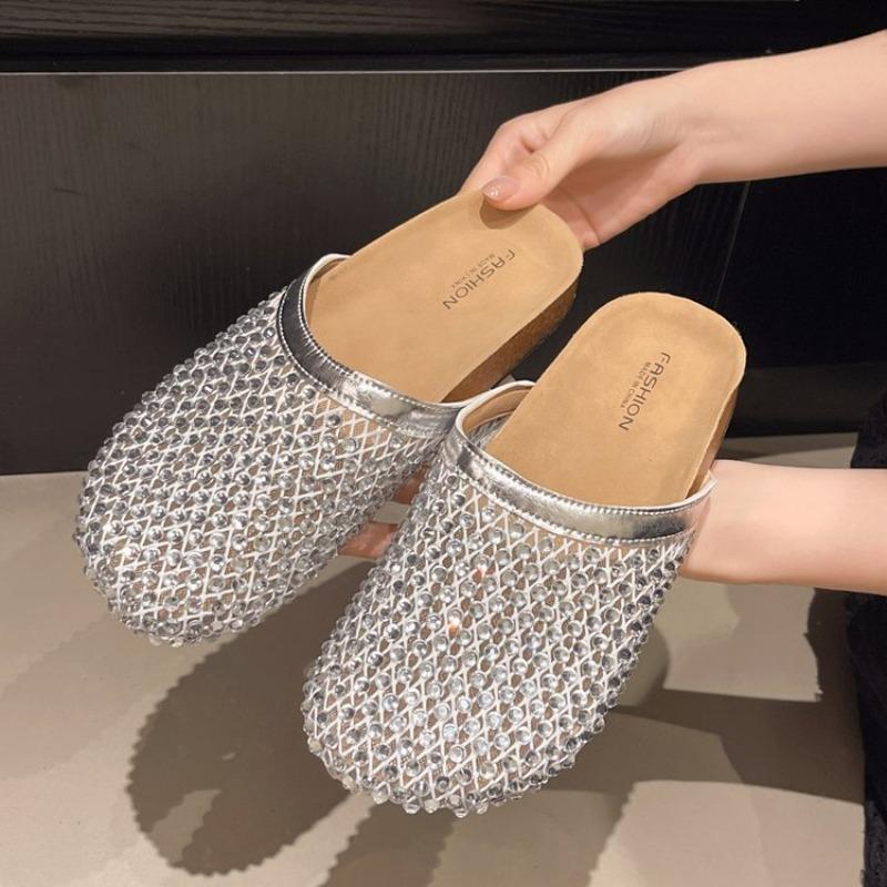 Fashion Rhinestone Half Drag Women 2025 Mesh Woven Baotou Drag Outside Wear Beach Shoes